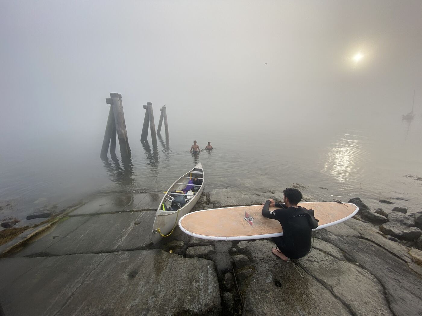 We woke up before school and padded to the fort in the middle of Portland Harbor. It was so foggy you couldn't see anything. We kept hearing foghorns and ships all around us. When we got there, we decided to skip school and wait for the fog to clear to paddle back.